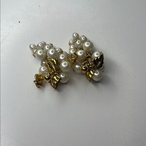 Elegant Gold and White Faux Pearl Earrings with gold tone leaf accents